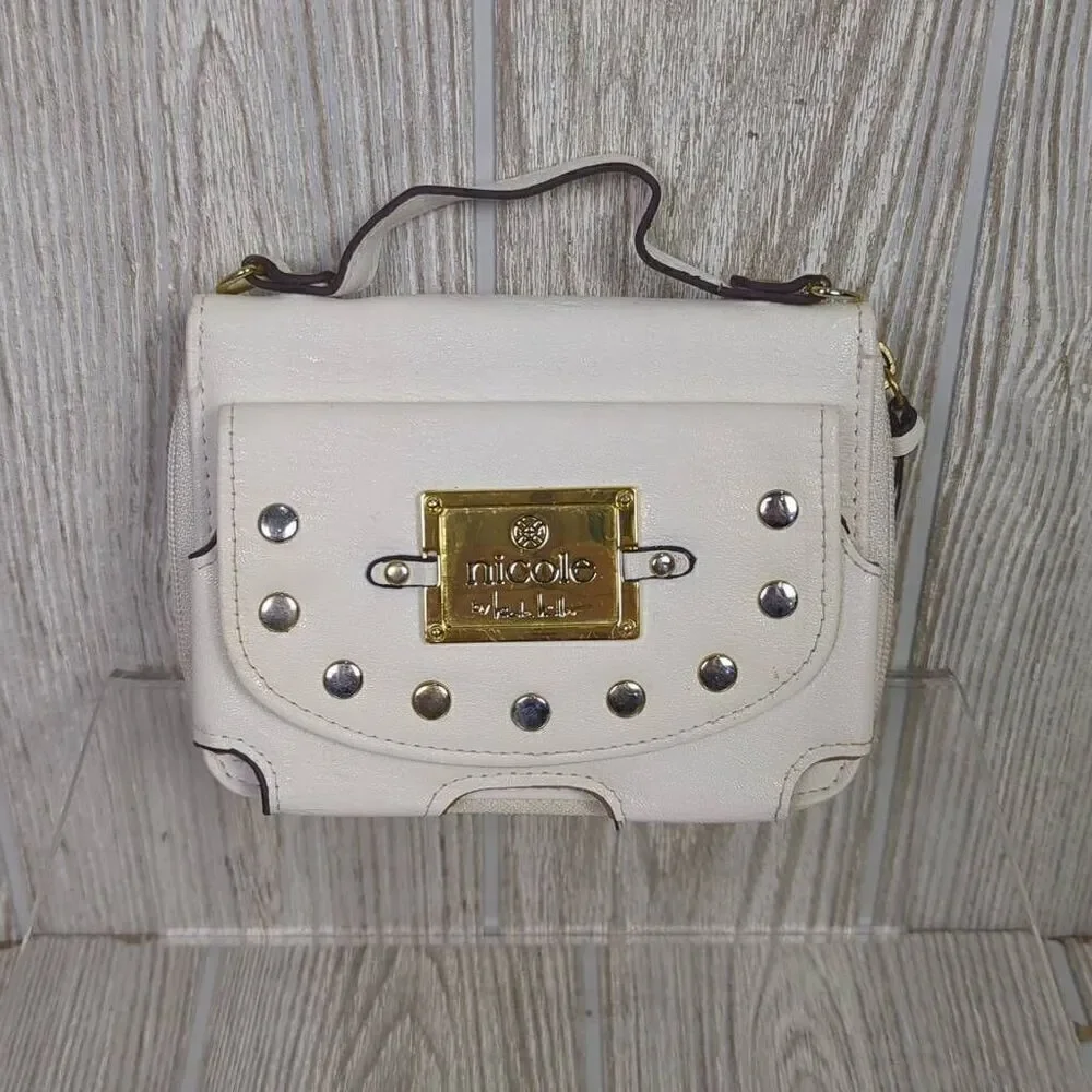 Nicole Miller Faux White Leather Crossbody Bag Purse Multipurpose Studded